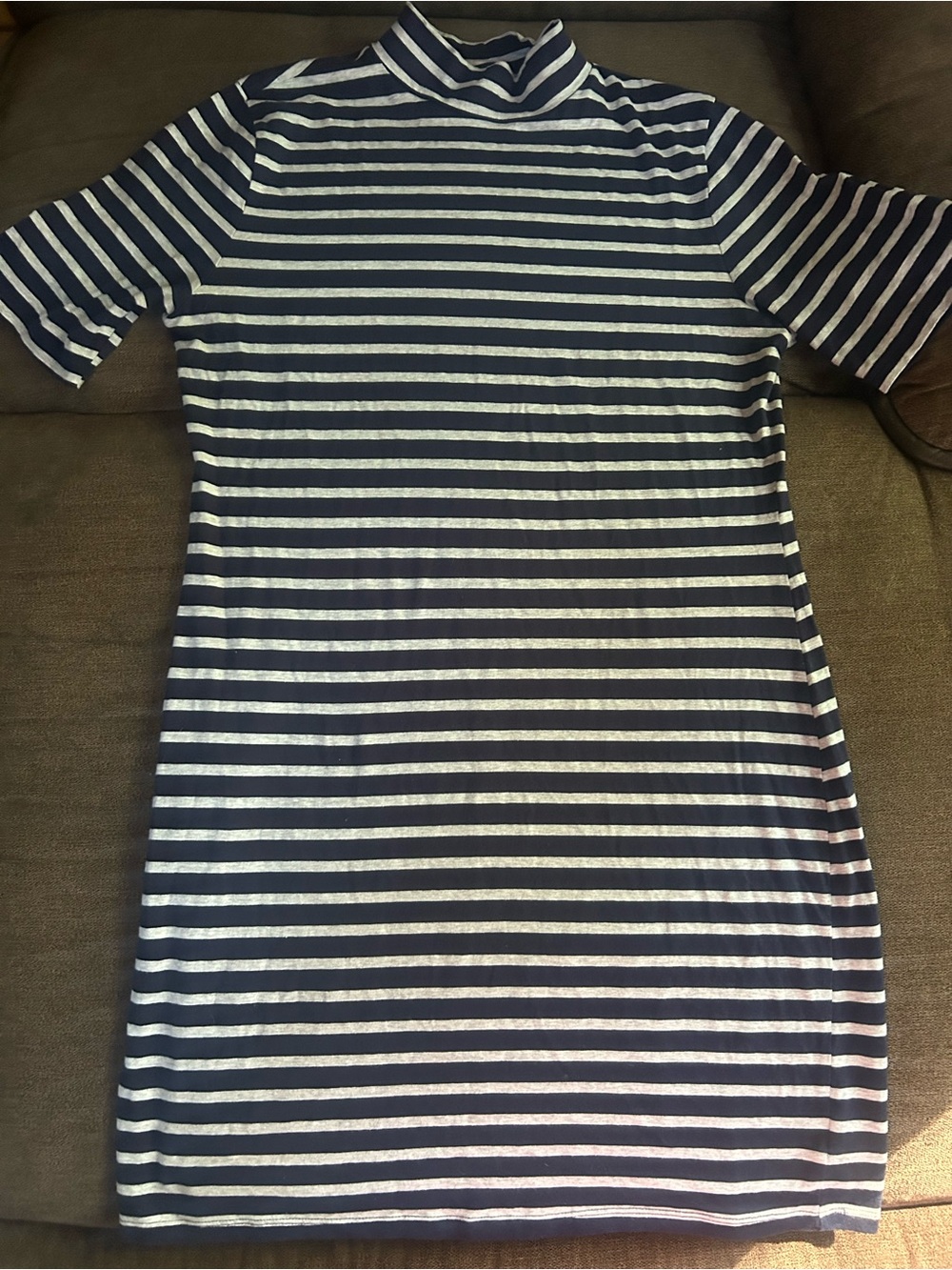 Striped Navy and Gray Short-Sleeve Turtleneck Dress